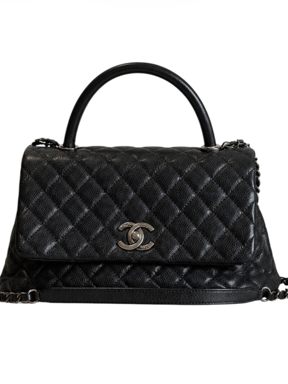 Chanel Coco Handle Black Caviar Leather Top Handle Flap Bag Ruthenium Hardware